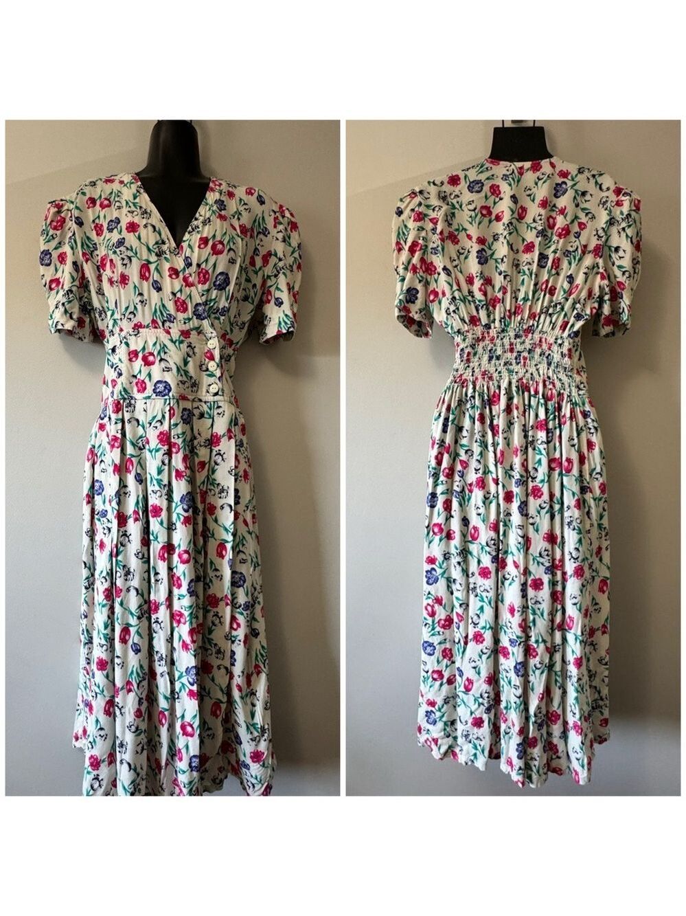 Vintage x Northern Traditions White Puff Sleeve V-Neck Midi Dress Size 9/10